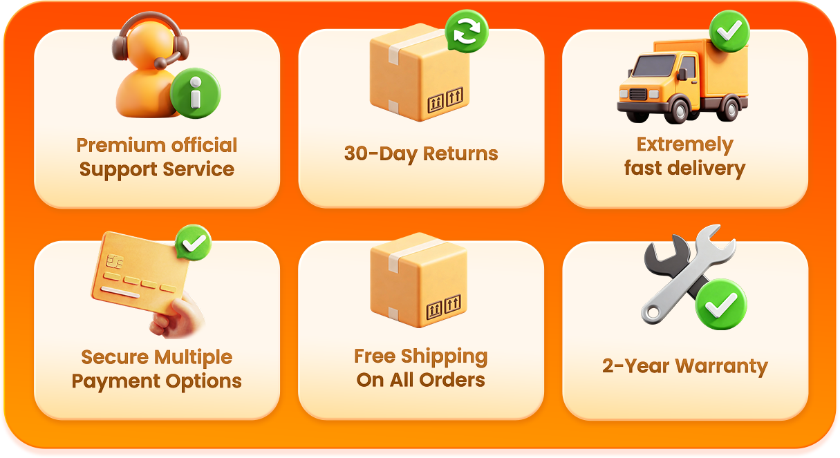 Official store benefits: premium official support, 30-day returns, fast delivery, secure payment options, free shipping on all orders and a two-year warranty.