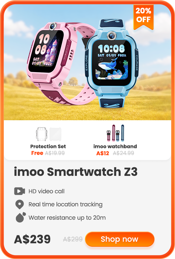 imoo Smartwatch Z3, A$239, 20% off. HD video calls, real-time location tracking and water resistance up to 20 metres. Free protection set; imoo watchband A$12.