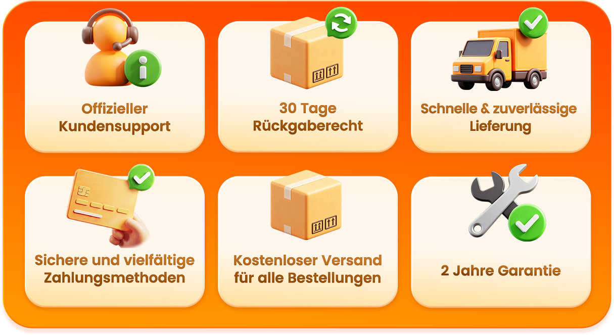 Vorteile des offiziellen Stores: offizieller Kundensupport, 30 Tage Rückgaberecht, schnelle und zuverlässige Lieferung, sichere und vielfältige Zahlungsmethoden, kostenloser Versand für alle Bestellungen und 2 Jahre Garantie.